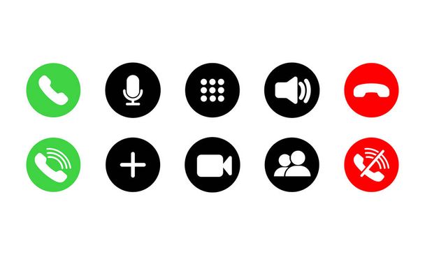 Botones de llamada móvil iconos establecidos plana. Teléfono, sonido, micrófono, cámara, símbolos de llamada en el fondo blanco aislado para aplicaciones, web, aplicación. Conjunto de iconos de comunicación. EPS 10 vector
. - Vector, Imagen