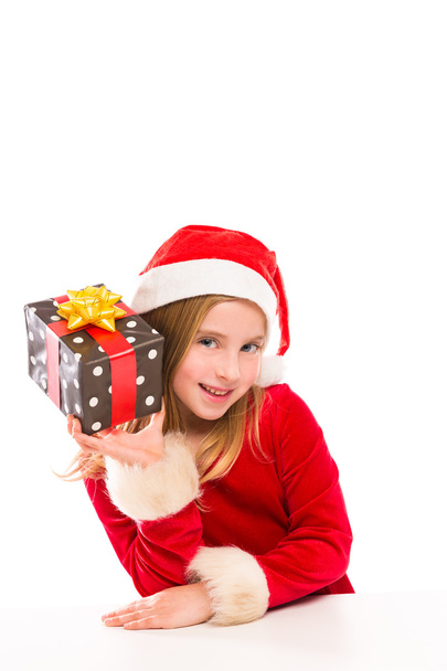 Christmas Santa kid girl happy excited with ribbon gift - Photo, Image