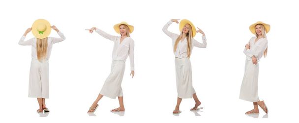 Modello di capelli biondi in eleganti pantaloni svasati isolati su bianco - Foto, immagini
