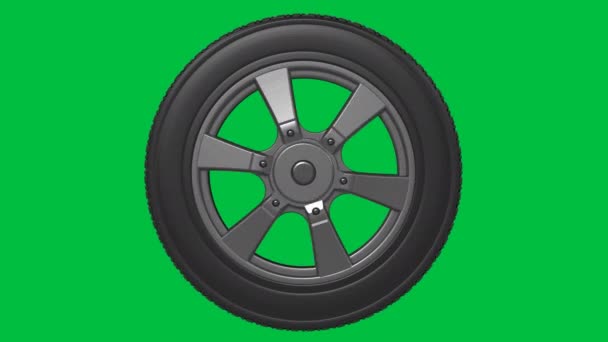 緑の画面の背景に隔離された黒いホイールと黒のタイヤを3Dレンダリング - 映像、動画