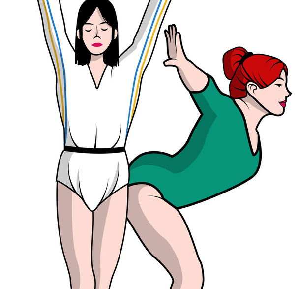 two women gymnasts in white and green tights - Vector, Image