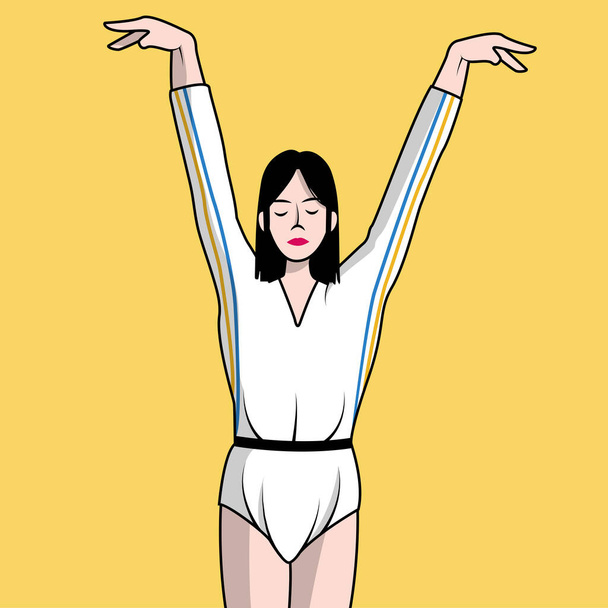 腕を上げて黄色の背景を持つ体操選手の女性 - ベクター画像