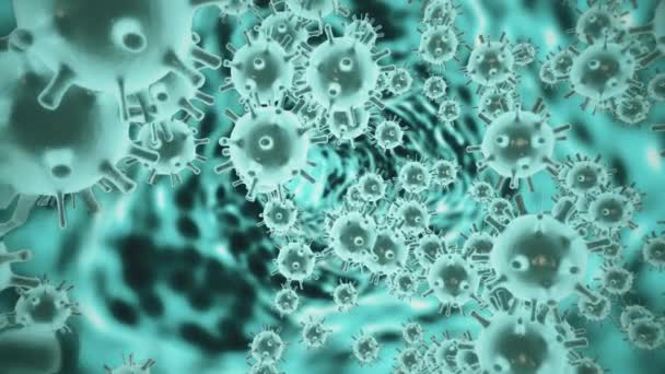 Erreger des Covid19 Coronavirus im infizierten Organismus. Virus unter dem Mikroskop als azurblaue Zellen auf schwarzem Hintergrund. Gefährliche Virenstämme führen zu Epidemien. 3D-Rendering-Animation in 4K. - Filmmaterial, Video