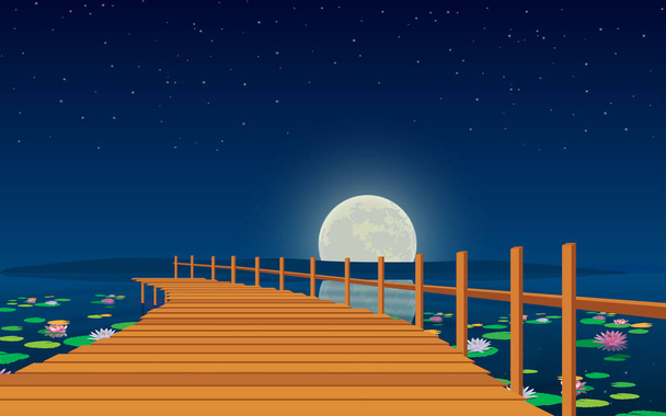 τοπίο της ξύλινης γέφυρας στο ποτάμι τη νύχτα του φεγγαριού - Διάνυσμα, εικόνα