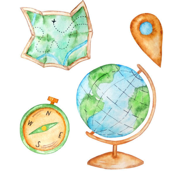 watercolor set for travel, globe, map, compas - Foto, Bild