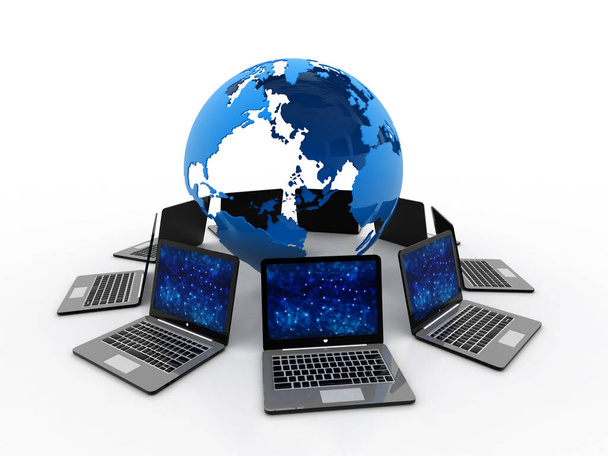 3D-Rendering Computernetzwerk auf weißem Hintergrund, Computernetzwerk mit Globus, Internet-Kommunikationshintergrund - Foto, Bild