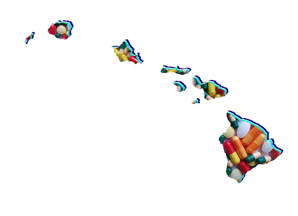mapa do estado do Havaí com comprimidos de medicina e fundo branco - Foto, Imagem