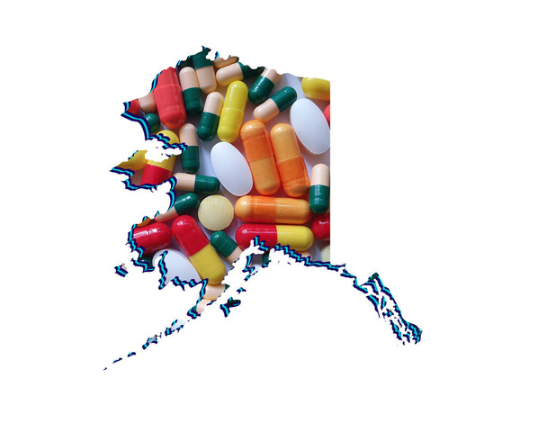 mapa Aljašky s léky pilulky a bílým pozadím - Fotografie, Obrázek