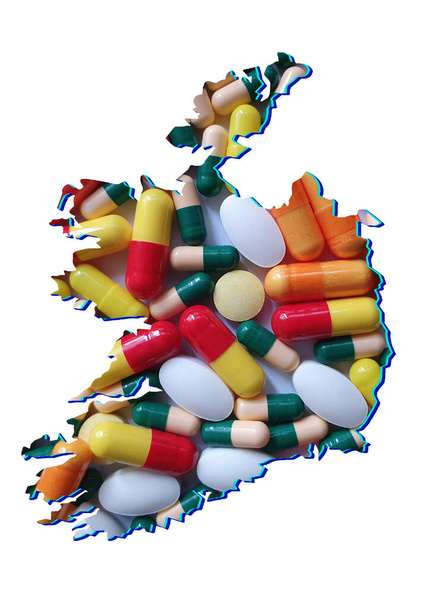 mapa de Irlanda con píldoras de la medicina y fondo blanco
 - Foto, imagen