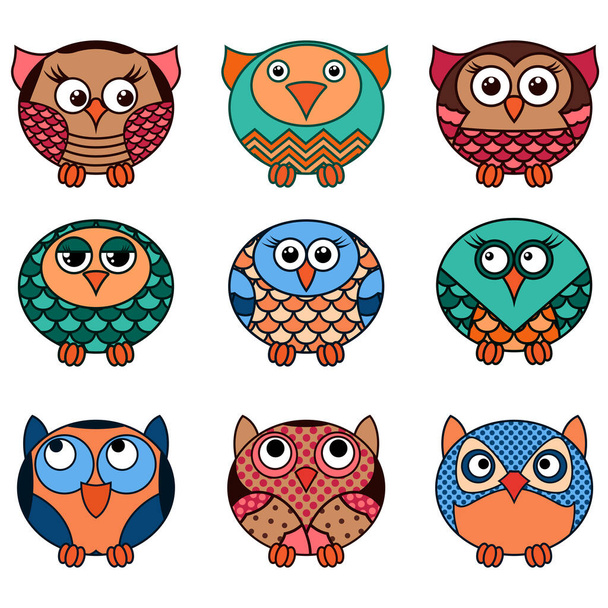 Set of nine cute cartoon oval owls in various pattern isolated on the white background, cartoon vector outlines as icons - Vektori, kuva