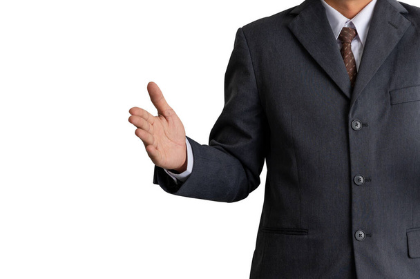 Επιχειρηματίας με μαύρο κουστούμι, καφέ γραβάτα σε απομονωμένο φόντο και μονοπάτι. - Φωτογραφία, εικόνα