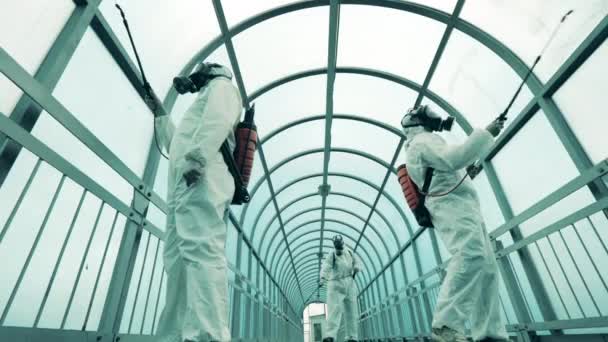 Desinfetantes do sexo masculino limpam um viaduto durante a pandemia do covid-19
. - Filmagem, Vídeo