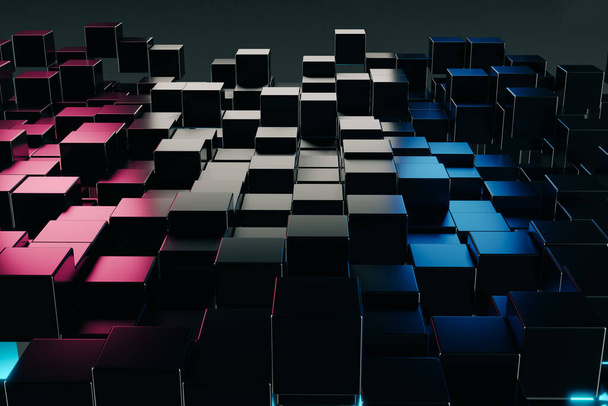 Cubo abstracto Partícula Fondo de construcción tecnología de bloques fondo gráfico de computadora, ilustración 3D
. - Foto, Imagen