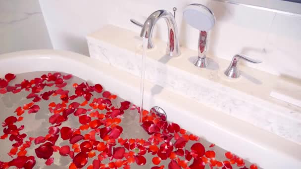 Water stromen in bad met rode rozenblaadjes en gevuld met helder water - Video