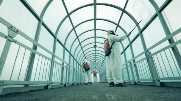 Workers clean overpass while spraying antiseptics. - Filmagem, Vídeo