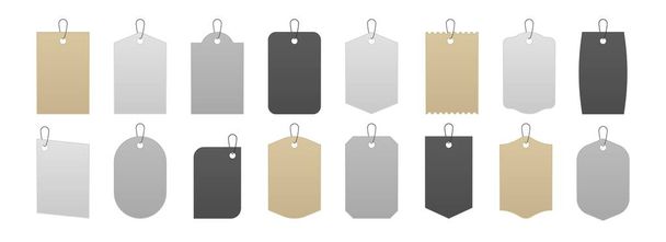 Tag mockup. Realistic price labels and gift box cardboard tags, blank white gray and kraft carton sale stickers on strings. Vector isolated set - Vector, Image