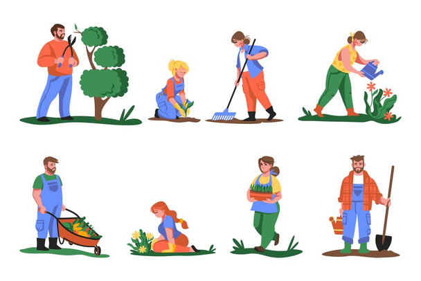 Farmers. Cartoon people planting flowers and greens, cutting and gardening plants, growing vegetables and flowers. Vector agricultural workers set - Vector, Image