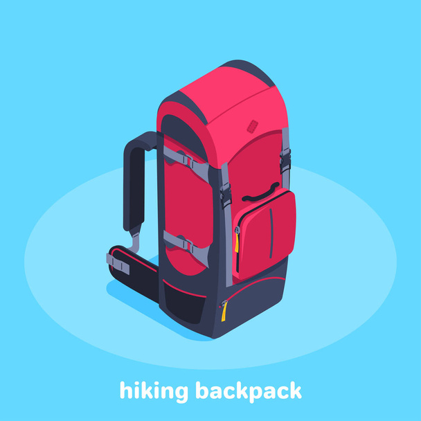 isometric vector image on a blue background, red with a black travel backpack, travel fees and equipment purchase - Vector, afbeelding