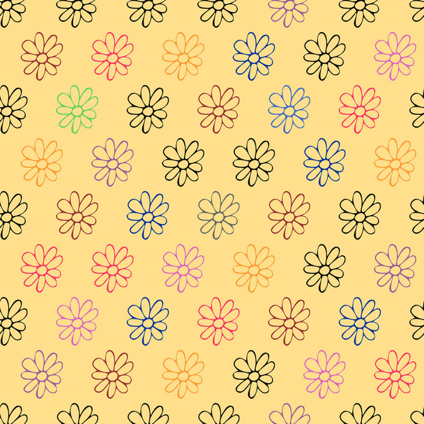 Seamless pattern of cute color flowers on yellow background. Vector illustration. - Vetor, Imagem