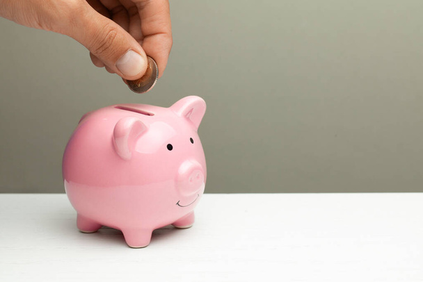 Piggy bank rosa e moeda em uma mão masculina em um fundo cinza
 - Foto, Imagem