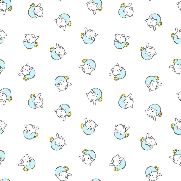 Cute kitten pattern. Illustration of cute white kittens sitting in tea cups on a white background. Vector 8 EPS. - Vector, imagen