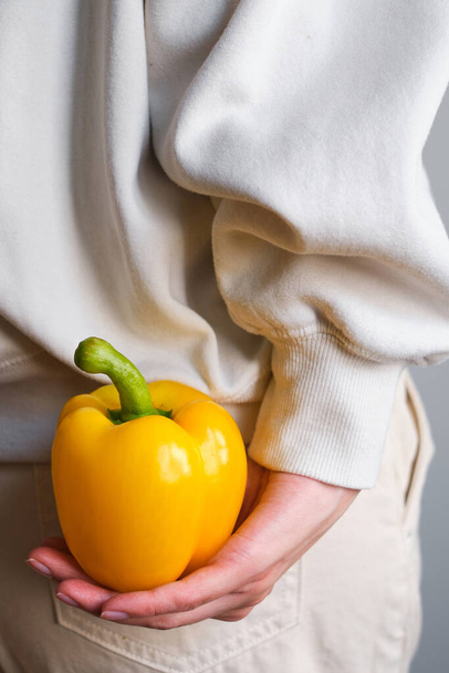 The girl holds colored bell pepper in her hands. Ripe fresh big sweet pepper. Healthy food, organic vegetables. Natural vitamins, raw ingredient for eating. Handpicked bio capsicum - Photo, Image
