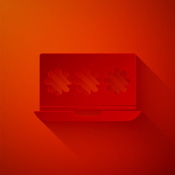 Papier gesneden Laptop met wachtwoord melding pictogram geïsoleerd op rode achtergrond. Beveiliging, persoonlijke toegang, gebruikersautorisatie, inlogformulier. Papierkunst stijl. Vector Illustratie - Vector, afbeelding