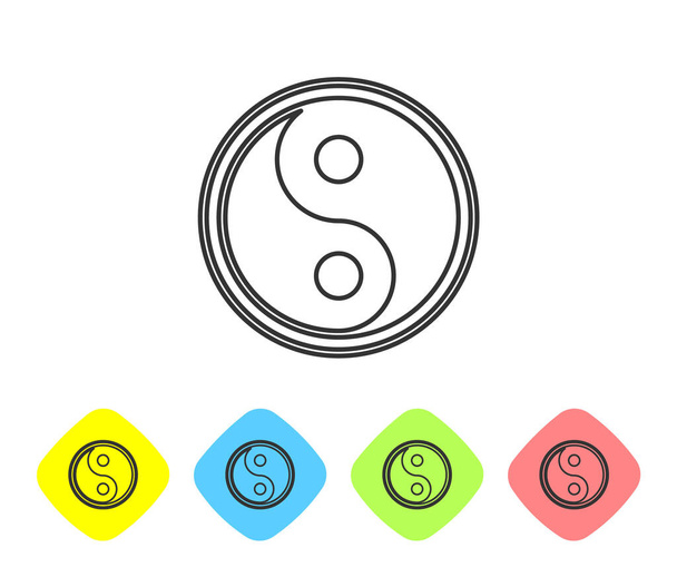 Ligne grise Yin Yang symbole d'harmonie et icône de balance isolé sur fond blanc. Définir des icônes dans les boutons couleur losange. Illustration vectorielle
 - Vecteur, image