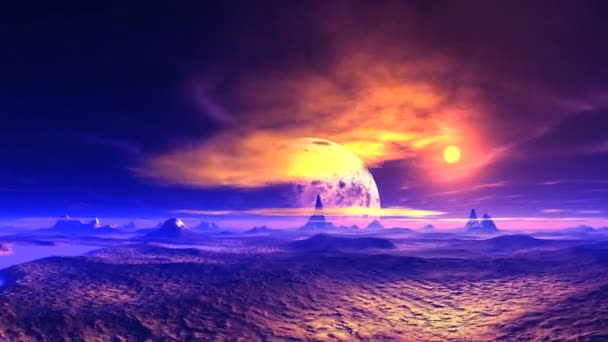 Alien Landscape und riesiger Planet. Auf einem dunklen Sternenhimmel riesiger Planet, eine leuchtend gelbe Sonne und verstreute Wolken. Seltene Klippen sind mit Schnee bedeckt. Im Flachland gibt es Seen. Es liegt ein blauer Dunst am Himmel. - Filmmaterial, Video