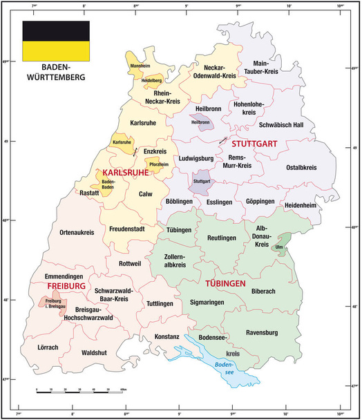 Baden Wuerttemberg overzicht administratieve en politieke kaart met vlag - Vector, afbeelding