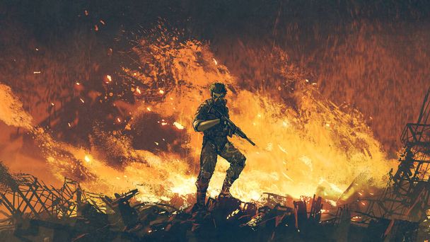 um soldado com sua arma de pé contra o fundo de fogo e olhando para o espectador, estilo de arte digital, pintura ilustração
 - Foto, Imagem
