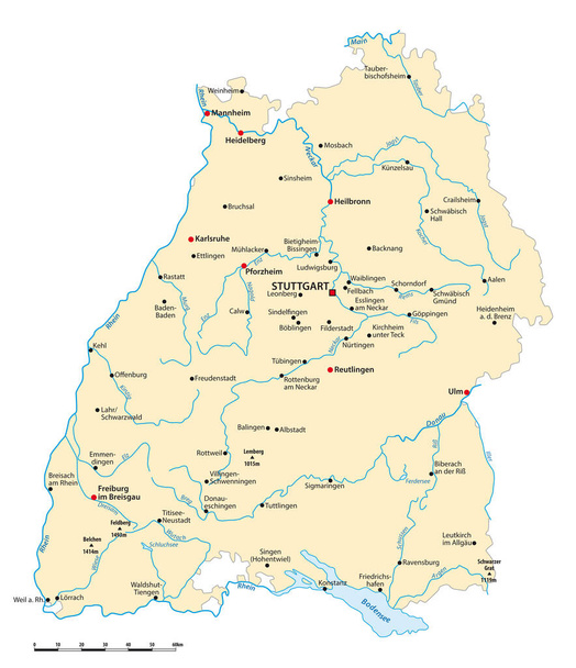 Vector kaart van de deelstaat Baden wuerttemberg met grote steden, Duitsland - Vector, afbeelding