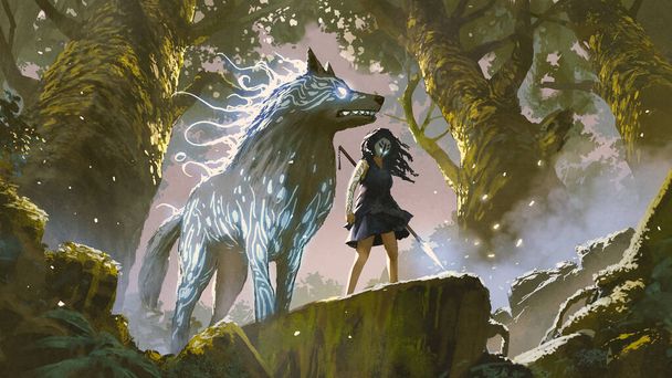 wild girl with her wolf standing in the forest, digital art style, illustration painting - Photo, Image