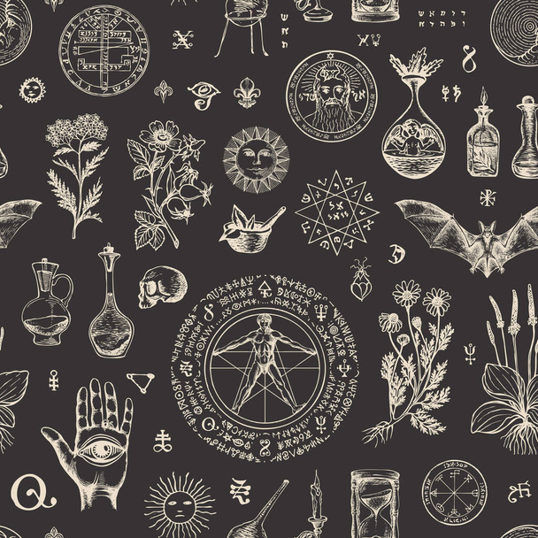 Vektornahtloses Muster zum Thema Alchemie und Heilung im Retro-Stil. Abstrakter, sich wiederholender Hintergrund mit handgezeichneten Skizzen, Heilkräutern und alchemistischen Symbolen auf schwarzem Hintergrund - Vektor, Bild