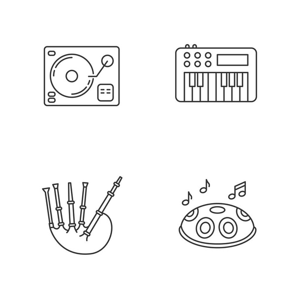 Musical instruments pixel perfect linear icons set. Turntablism for DJ party. Synthesizer keyboard. Customizable thin line contour symbols. Isolated vector outline illustrations. Editable stroke - Vettoriali, immagini