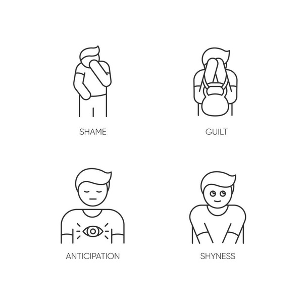Human behaviour pixel perfect linear icons set. Feeling of shame. Social emotion of guilt. Customizable thin line contour symbols. Isolated vector outline illustrations. Editable stroke - Wektor, obraz