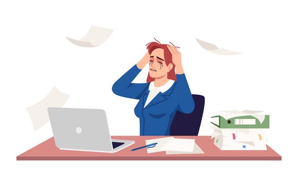Ağlayan iş kadını yarı düz RGB renk çizimi. Çok çalışan bir kadın, stresli bir ofis çalışanı beyaz arka planda karikatür karakteri. Duygusal çöküntü, tükenme, depresyon - Vektör, Görsel