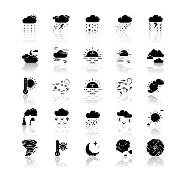 Clima gota sombra negro glifo iconos conjunto. Meteorología. Predicción del estado del cielo. Pronóstico de temperatura, viento y precipitación atmosférica. Ilustraciones vectoriales aisladas en el espacio en blanco
 - Vector, Imagen