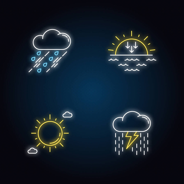 Tagsüber und nachts werden Neon-Licht-Icons gesetzt. Wettervorhersage Wissenschaft Zeichen mit äußeren glühenden Effekt. Himmelsklarheit und atmosphärischer Niederschlag. Vektorisolierte RGB-Farbabbildungen - Vektor, Bild