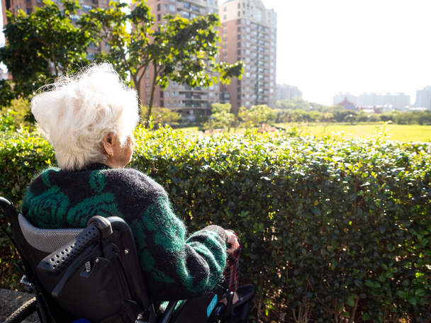 Пожилые азиатки, пожилые люди, сидят на инвалидных колясках на открытом воздухе в парке
. - Фото, изображение