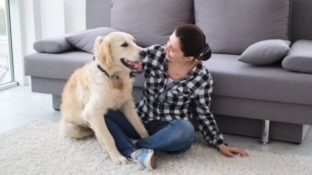 Beautiful woman petting cute dog - Πλάνα, βίντεο