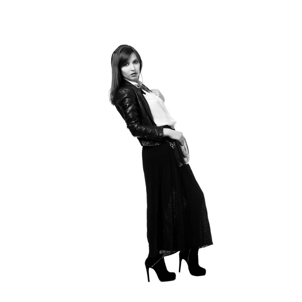 Beautiful sexy brunette girl posing on a white background isolation - Zdjęcie, obraz