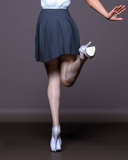 3D Beautiful female legs white stockings skirt dark background.Woman studio photography.High heel.Conceptual fashion art.Seductive candid pose.Render illustration.Summer clothes.Secretary uniform - Fotoğraf, Görsel