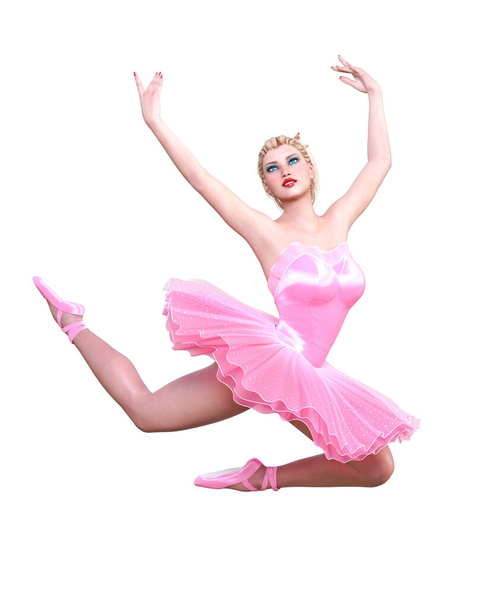 Dancing ballerina.Pink ballet tutu.Blonde hair girl blue eyes.Ballet street dancer.Studio photography.High key.Conceptual fashion art.3D render isolate illustration. - Fotografie, Obrázek