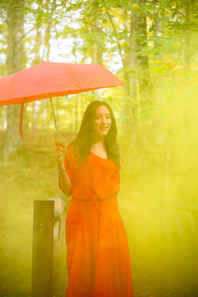 mulher, uma jovem senhora, com um vestido vermelho em uma floresta mística
.  - Foto, Imagem