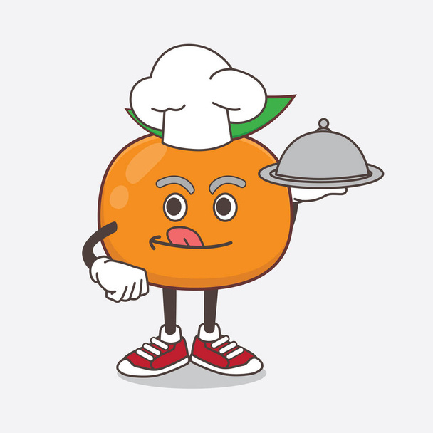 Μια απεικόνιση του χαρακτήρα μασκότ καρτούν Mandarin Φρούτα ως σεφ με φαγητό στο δίσκο έτοιμο να εξυπηρετήσει - Διάνυσμα, εικόνα