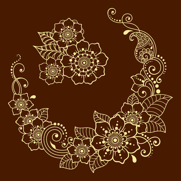 Set of Mehndi flower pattern for Henna drawing and tattoo. Decoration in ethnic oriental, Indian style. Doodle ornament. Outline hand draw vector illustration. - Vector, Image