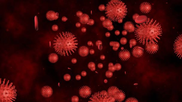 3d renderovat Coronavirus (COVID-19), virus chřipky nebo mikroorganismu. Rychlé množení bakterií Infekce. Červené pozadí barev. - Fotografie, Obrázek