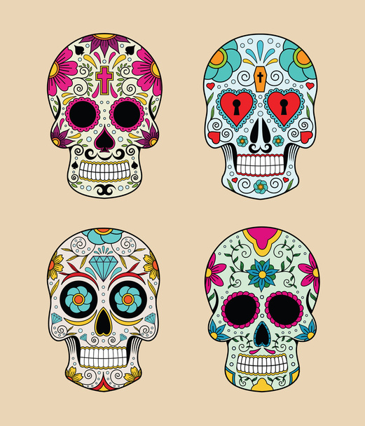 Vector illustration set of skulls in mexican tradition - Vektor, Bild