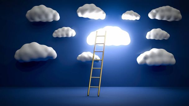 Golden ladder leading to glowing cloud over blue background. Concept of inspiration, leadership and business achievement. 3D render - Photo, Image